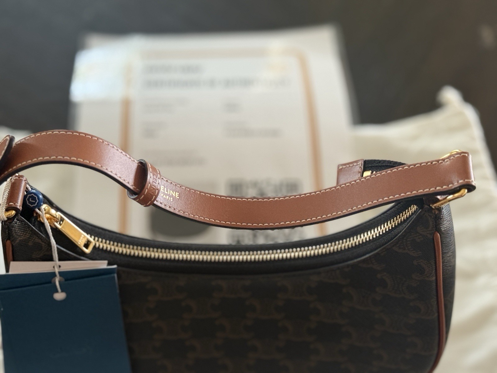 Celine Ava Brown Monogram Small Crescent Shoulder Bag, Zip Closure,