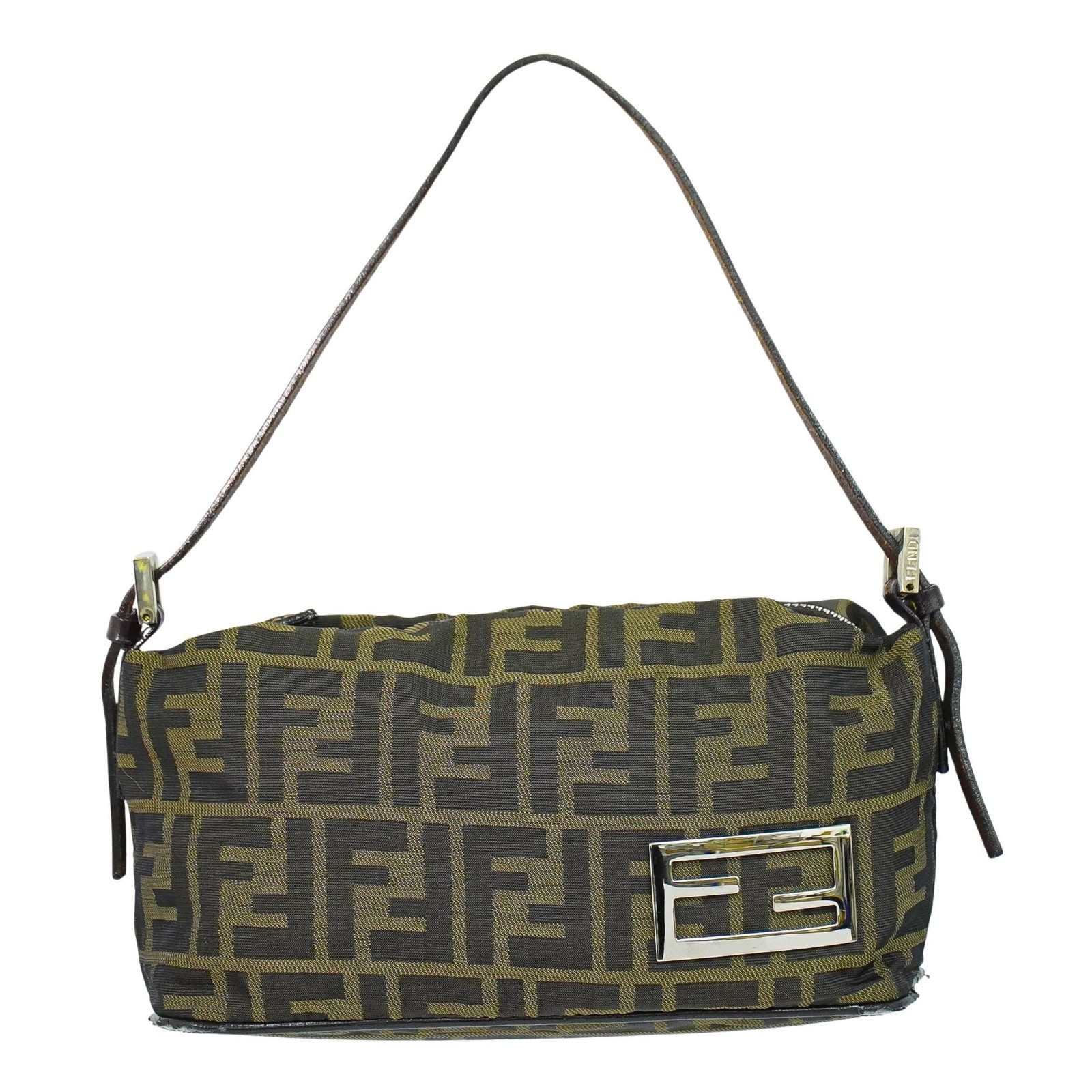 FENDI Zucca Canvas One Shoulder Handbag Brown Silver
