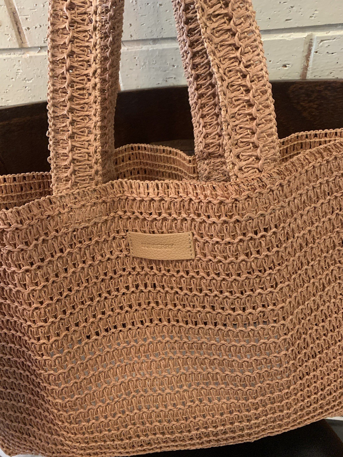 BURBERRY TAN CROCHETED OPEN WEAVE NATURAL PAPER STRAW TOTE SHOULDER BAG NEW