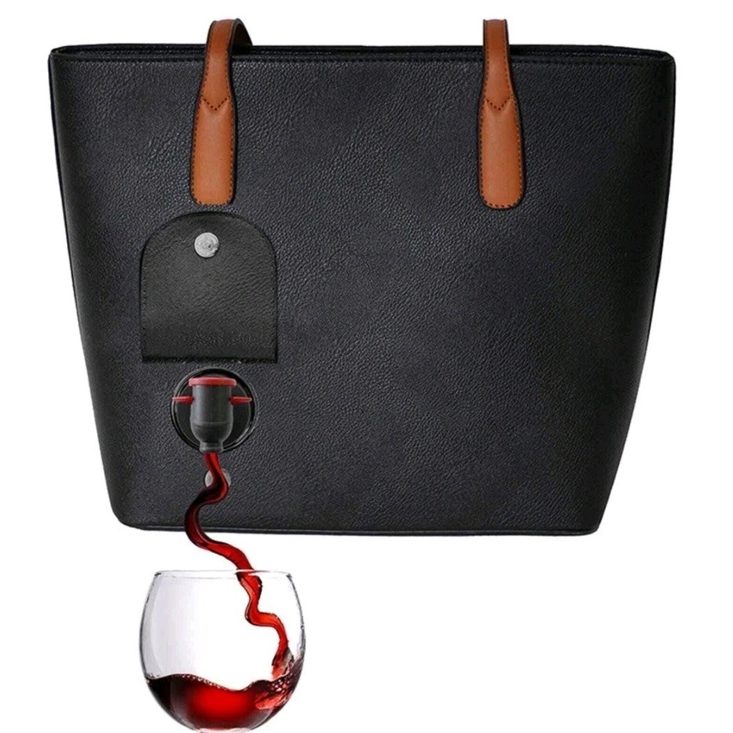 PortoVino Wine Tote Bag Women Large Black Tan Vegan Leather Hidden Dispenser