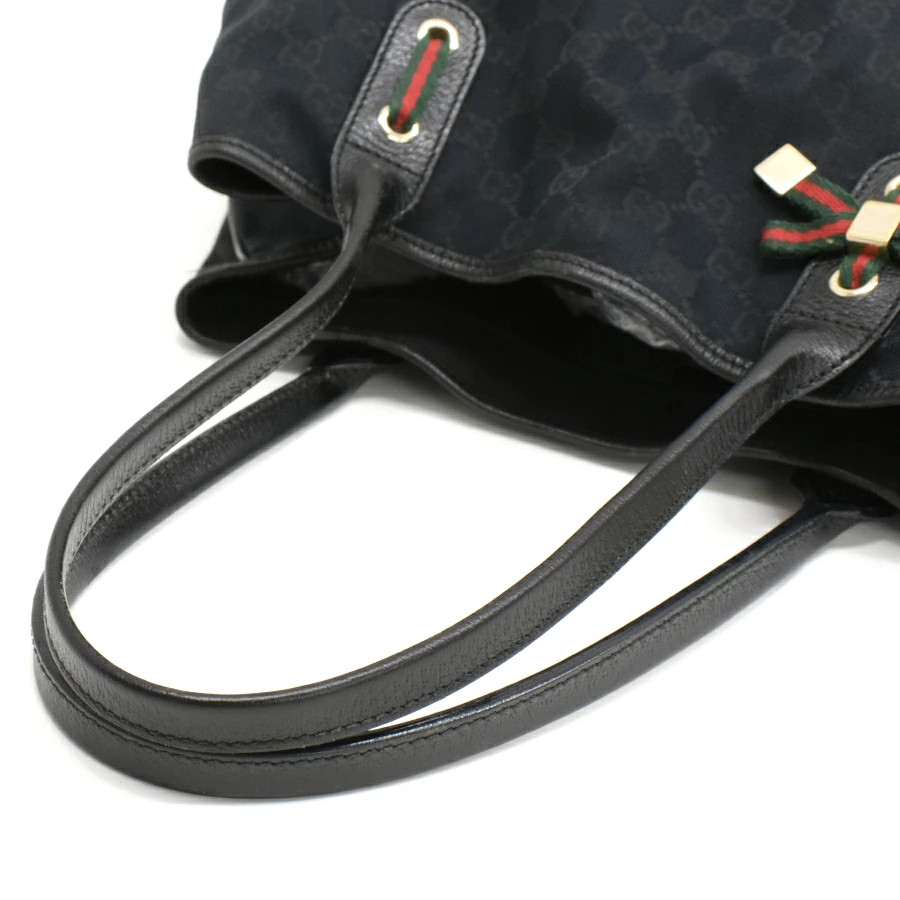 GUCCI 163805 Princy GG Canvas Leather Sherry Line Ribbon Black Tote Bag #PB15822