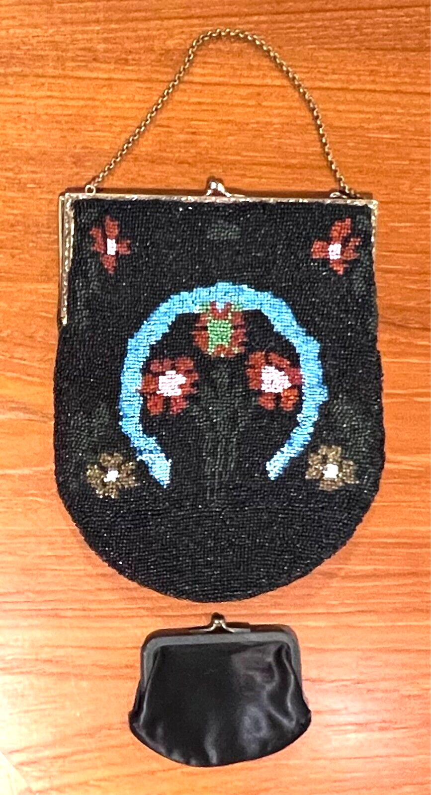 Antique Beaded Purse w/Flowers, Gold Tone Chain, Silk Lining, Extra Change Purse