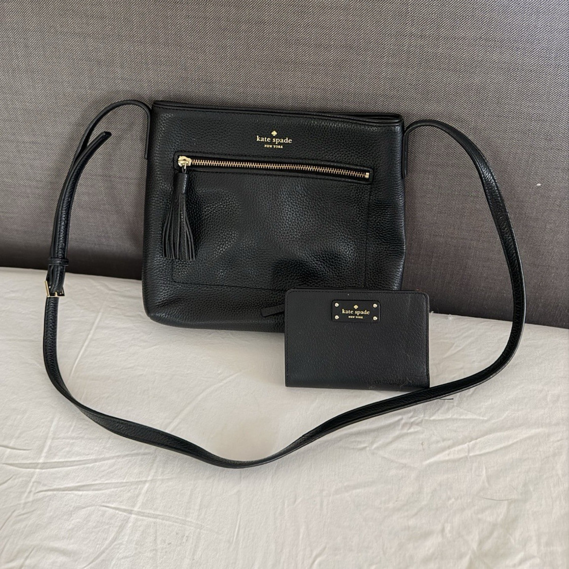 Kate Spade New York Black Pebbled Crossbody Bag Tassel Zip + Wallet