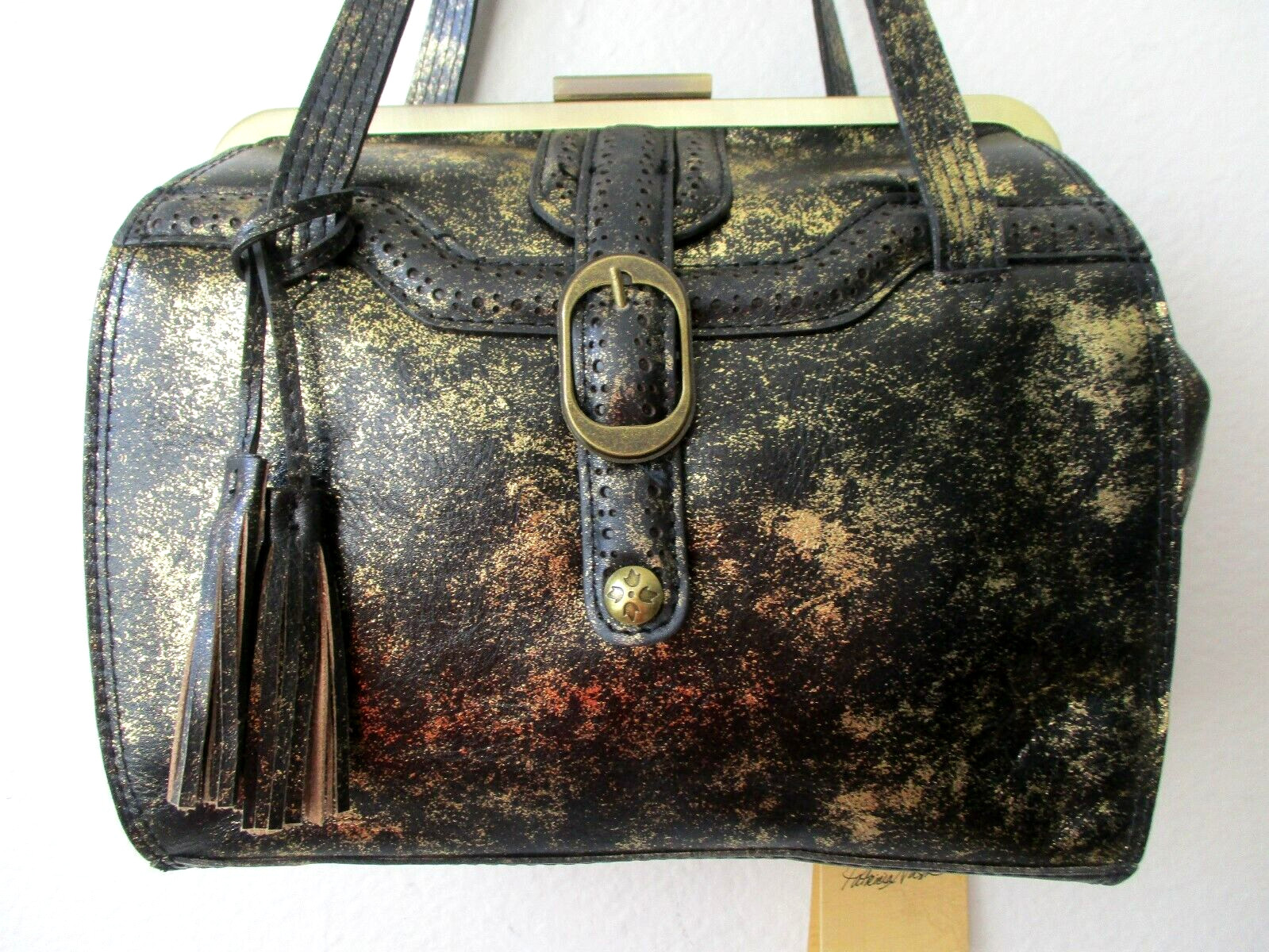 Patricia Nash Lame Black & Gold Leather Frame Satchel Purse Clasp Closure – NWT