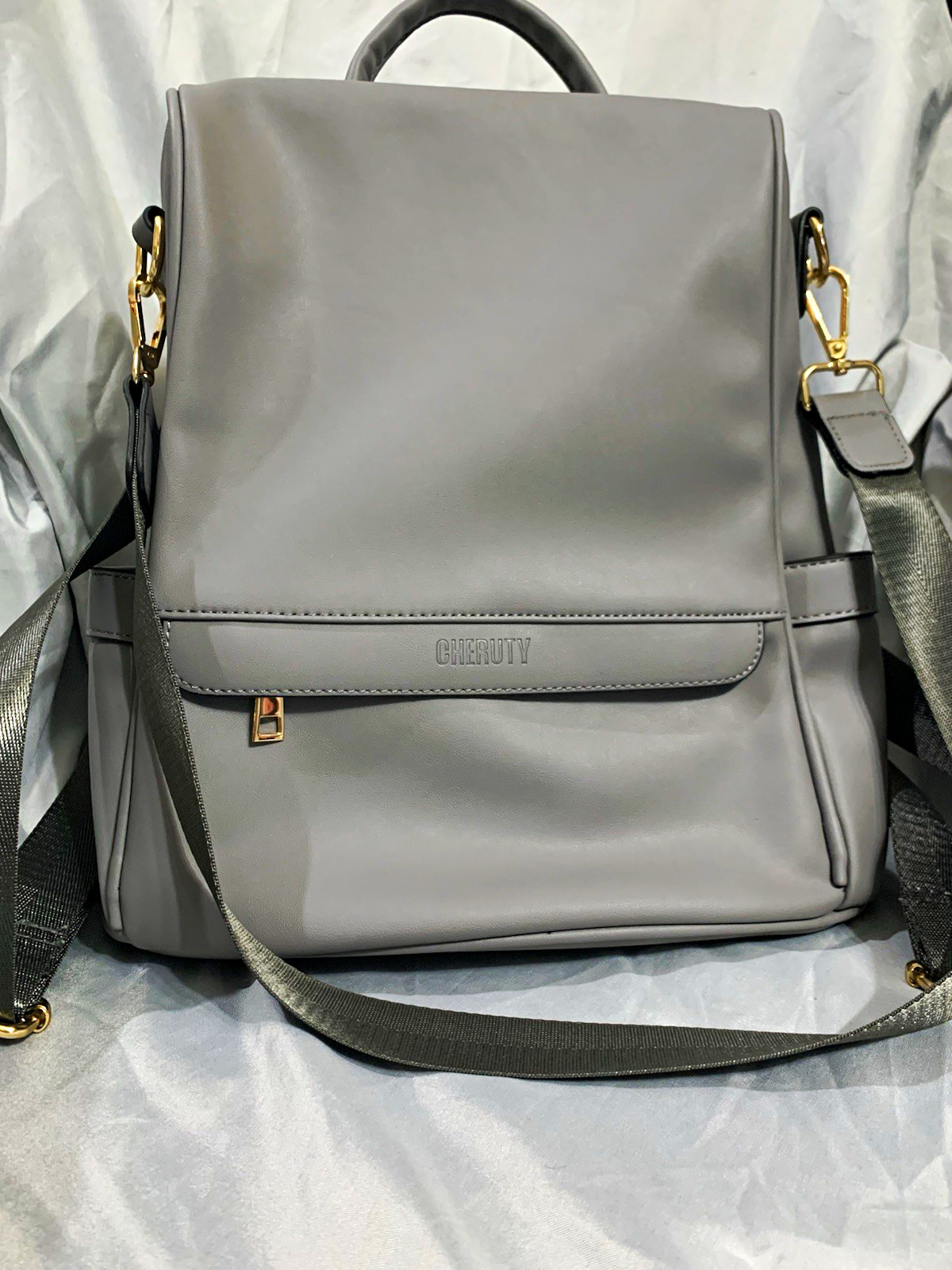 CHERUTY Gray Medium Backpack Purse Zip Top Handle Gold Hardware Outer Pockets