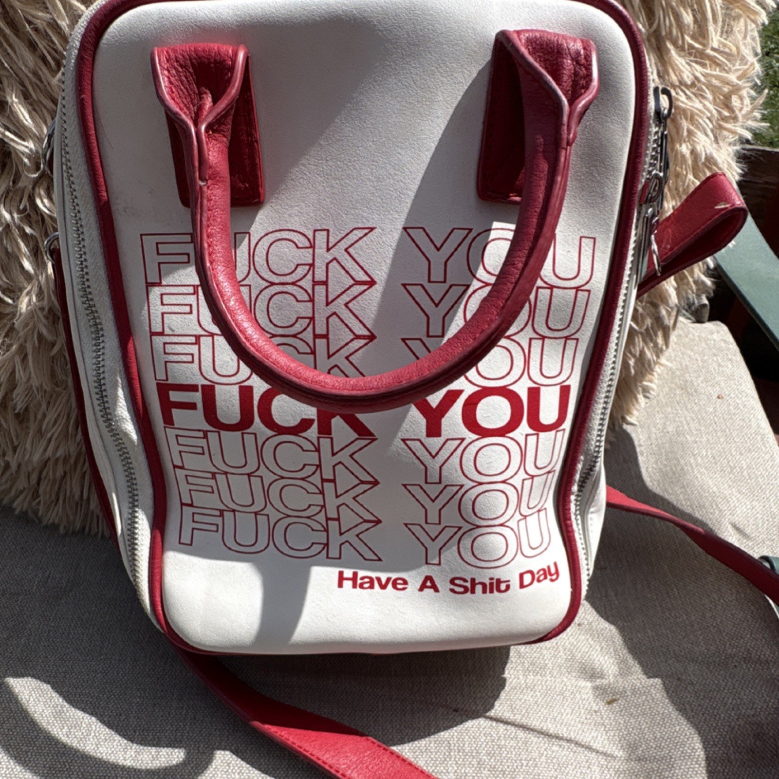 Current Mood White Red Text Print Top Handle Bag Zip Closure Women