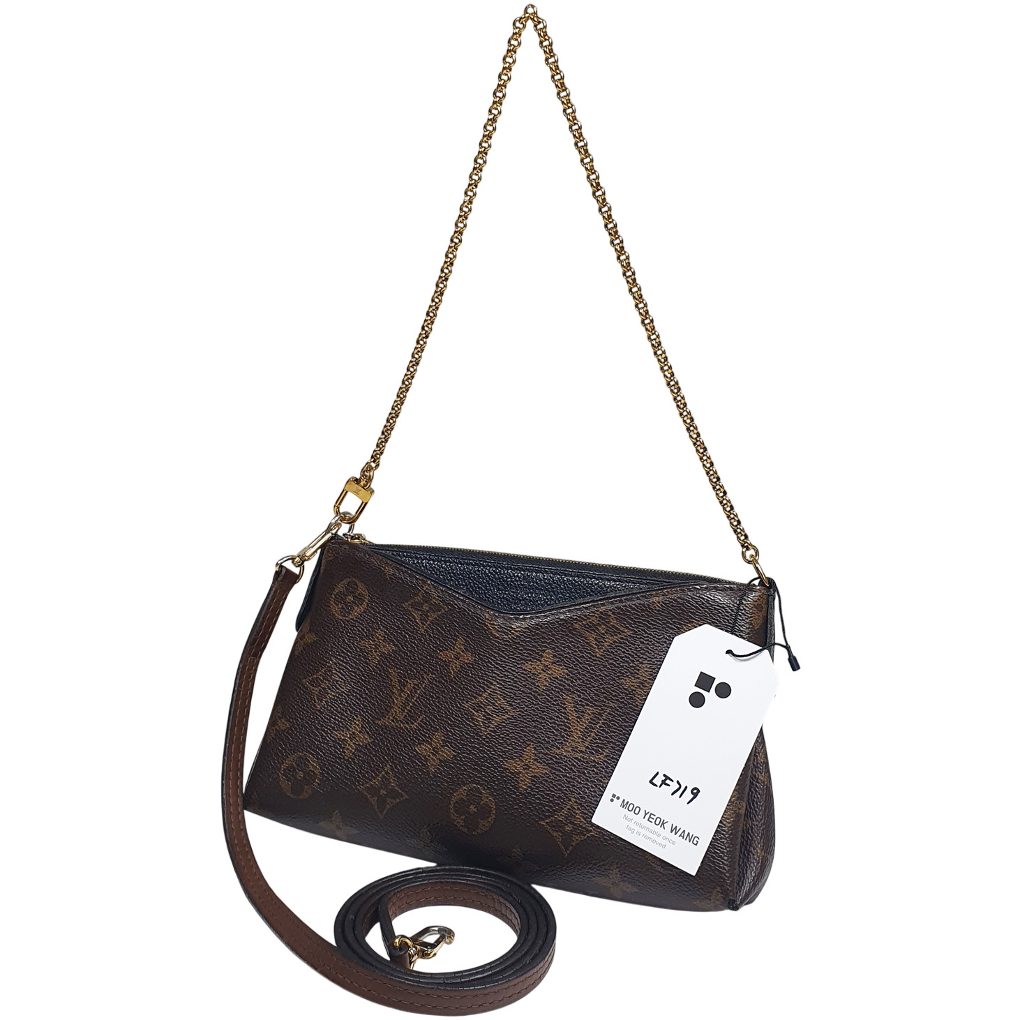 NO TARIFF Auth Louis Vuitton Pallas Clutch Noir M41639 Clasp Latch Broken LF719