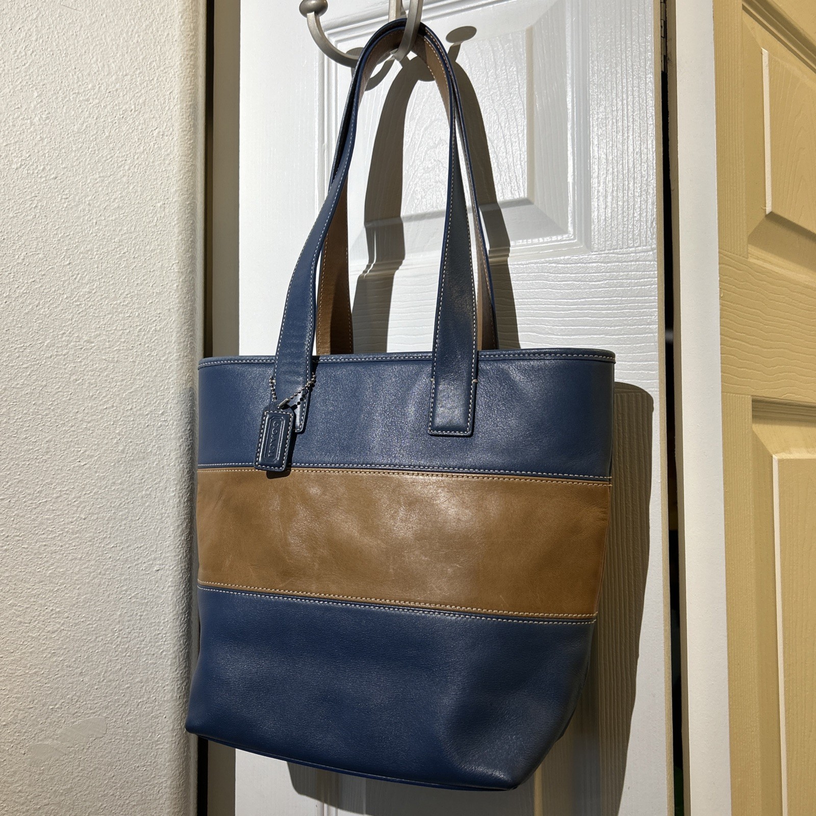 Vintage Coach 9348 Rugby Brown Blue Stripe Tote Shoulder Bag 12.5x10x4”