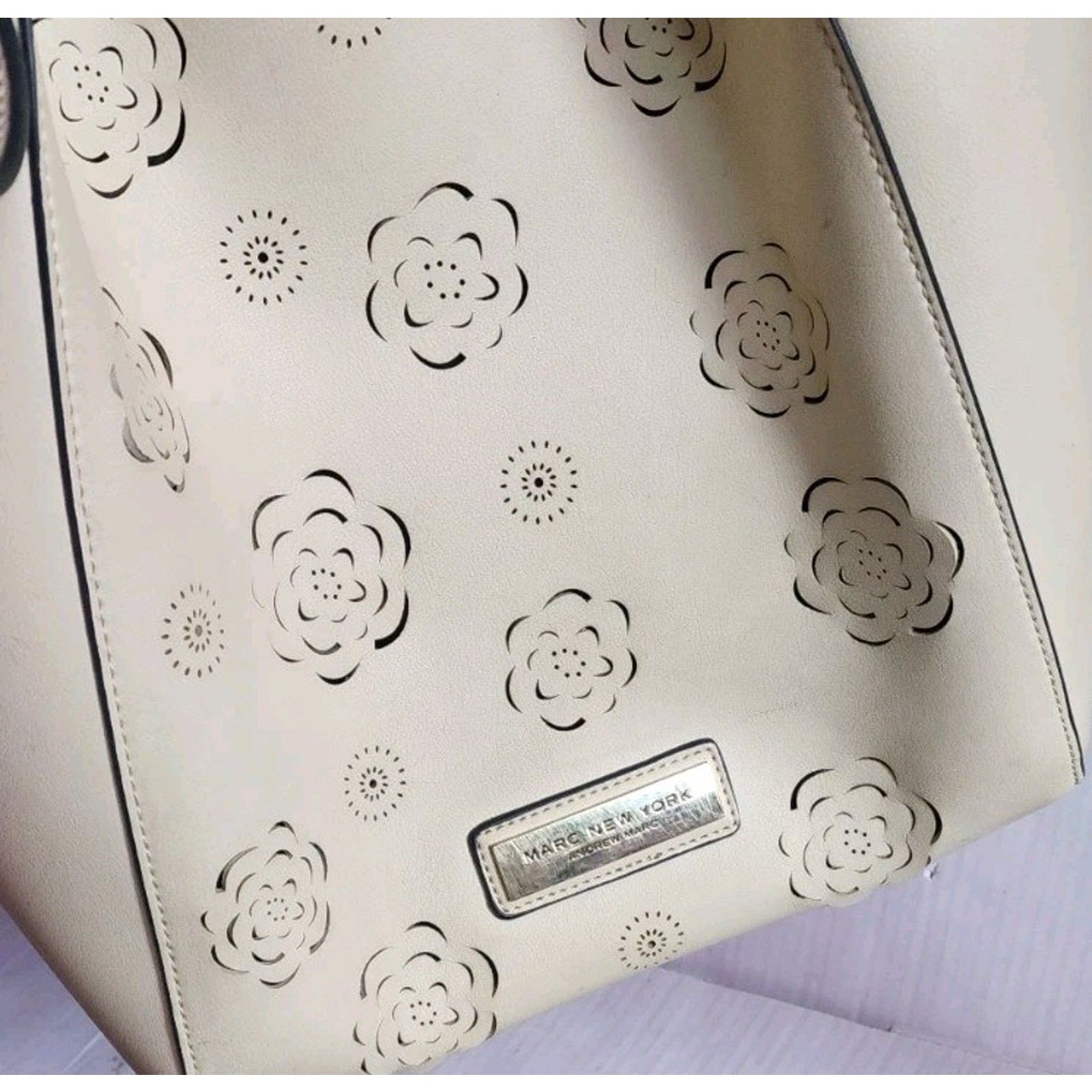 Marc New York Andrew Marc Beige Flower Cut Out Hobo Bag Purse Gold Hardware