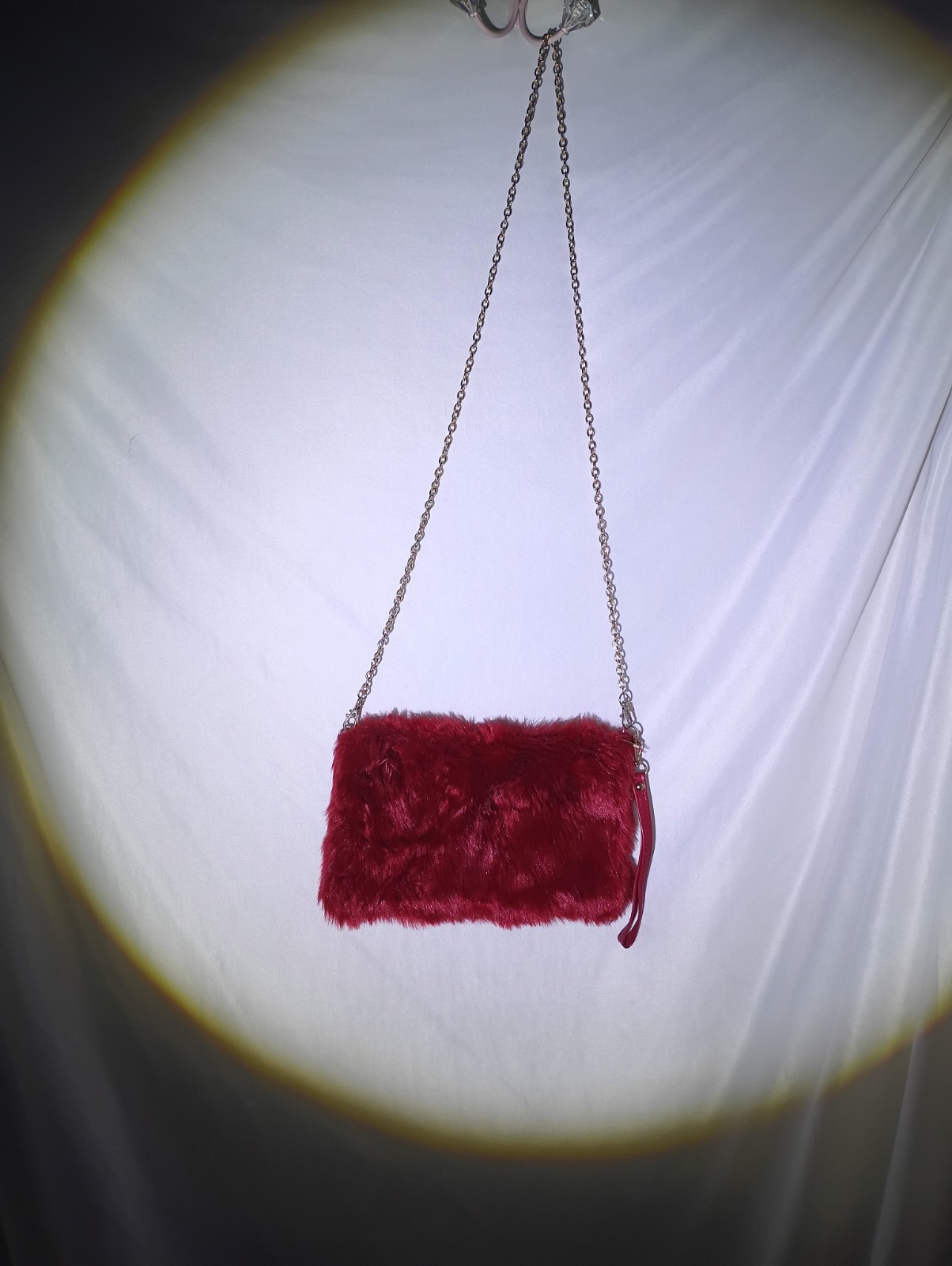 Red Faux Fur Shoulder Bag Purse, Gold Chain Strap, Zip Closure, Wristlet