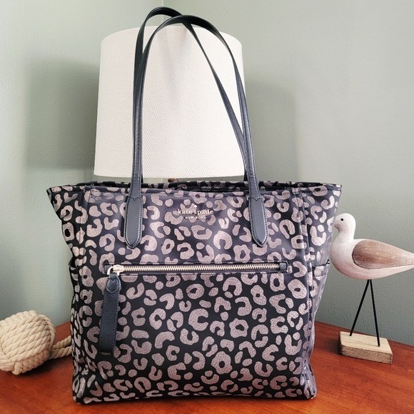Kate Spade K9308 Chelsea Large Tote Silver Leopard Metallic Nylon Bag