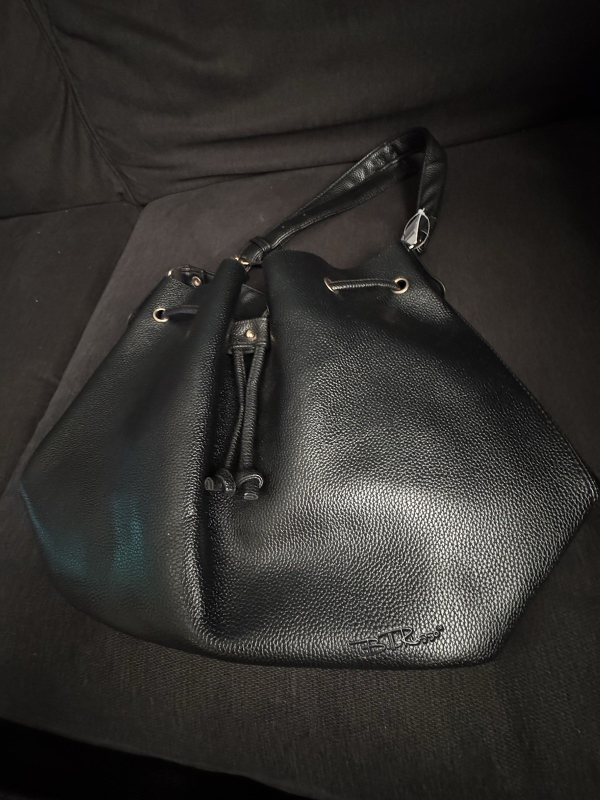 Bella Russo Black Pebbled Bucket Bag, Drawstring/Zip, Detachable Pouch, Gold