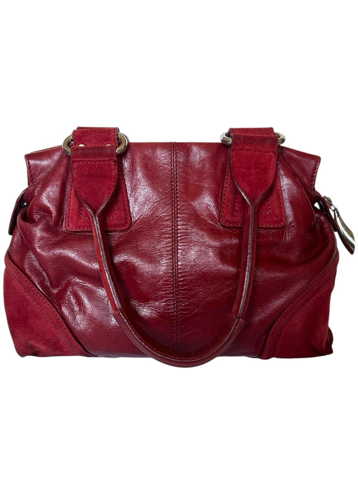 Francesco Biasia Red Leather Satchel Handbag Suede Trim Shoulder Purse Italy