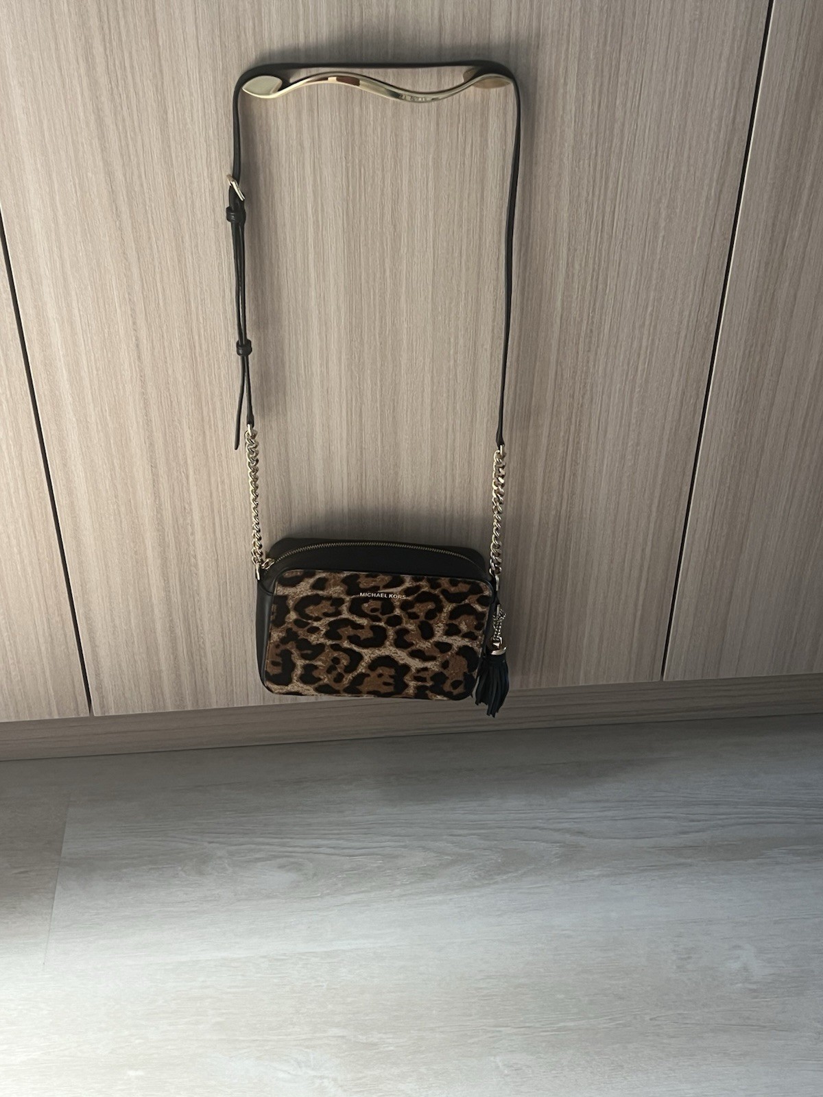 Michael Kors Leopard Animal Print Crossbody Bag Gold Chain Tassel Zip