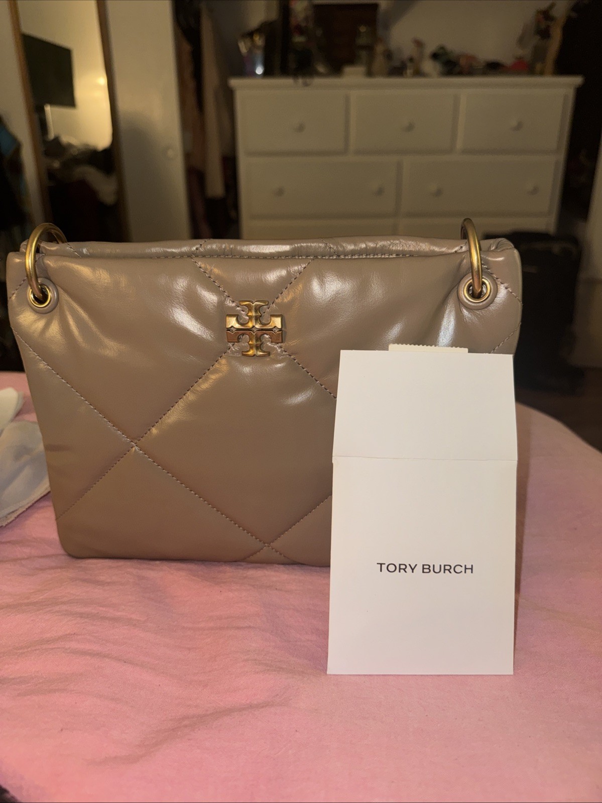 Tory Burch Kira Diamond Quilted Leather Shoulder Bag Taupe Oak