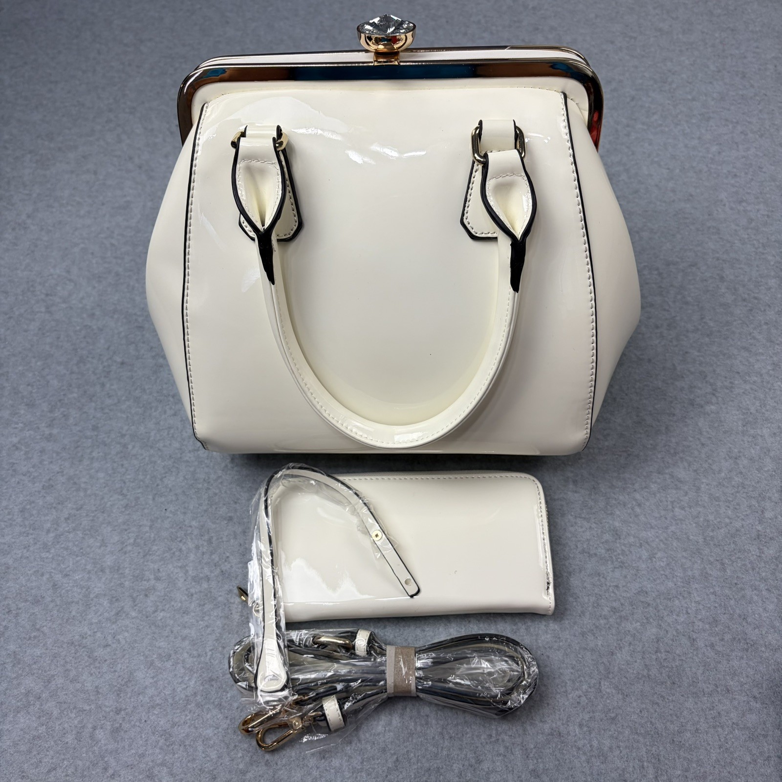 Patent Leather White Jewel Top Framed Satchel Handbag Wallet & Strap NWOT