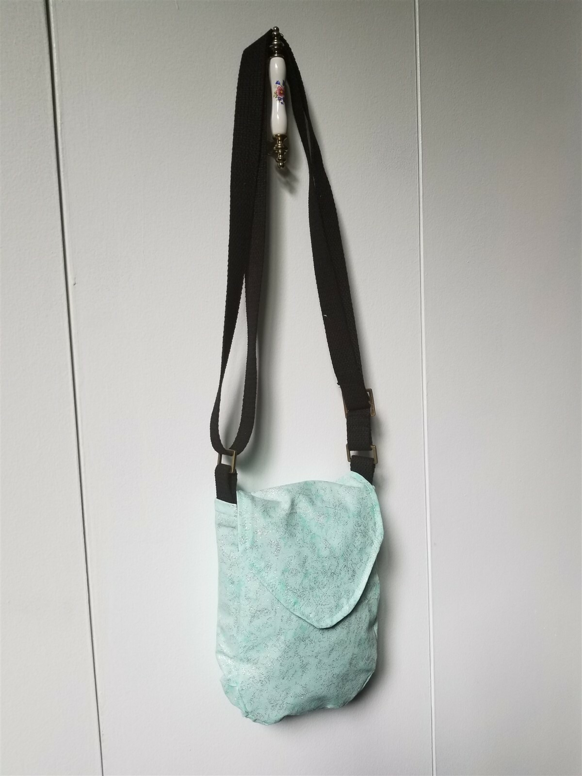 Pale Mint Green & Silver Speckled Pattern Small Pouch Bag with Adjustable Strap