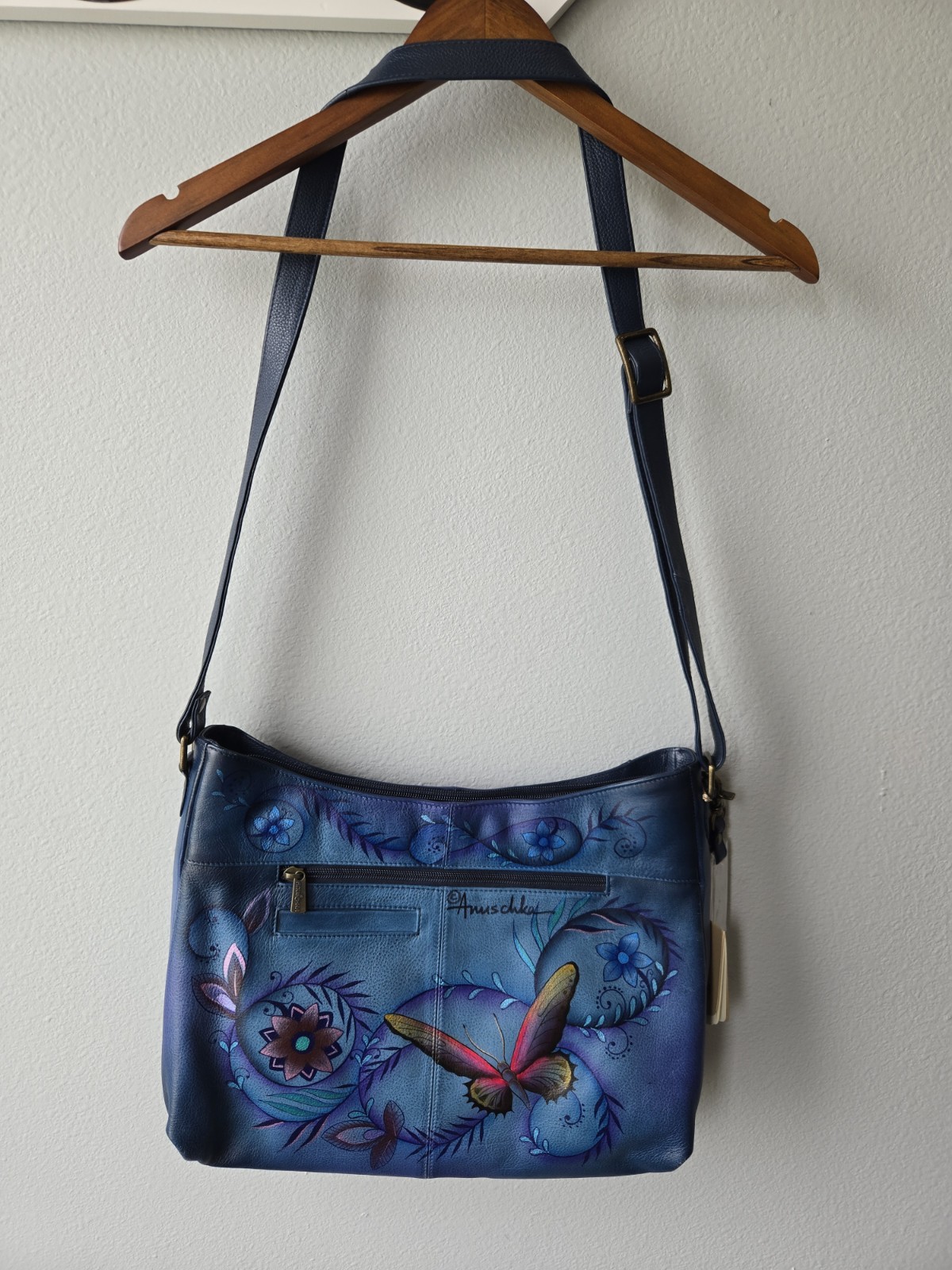 Anuschka Blue Leather Hummingbird & Butteryfly Painted Shoulder / Crossbody Bag