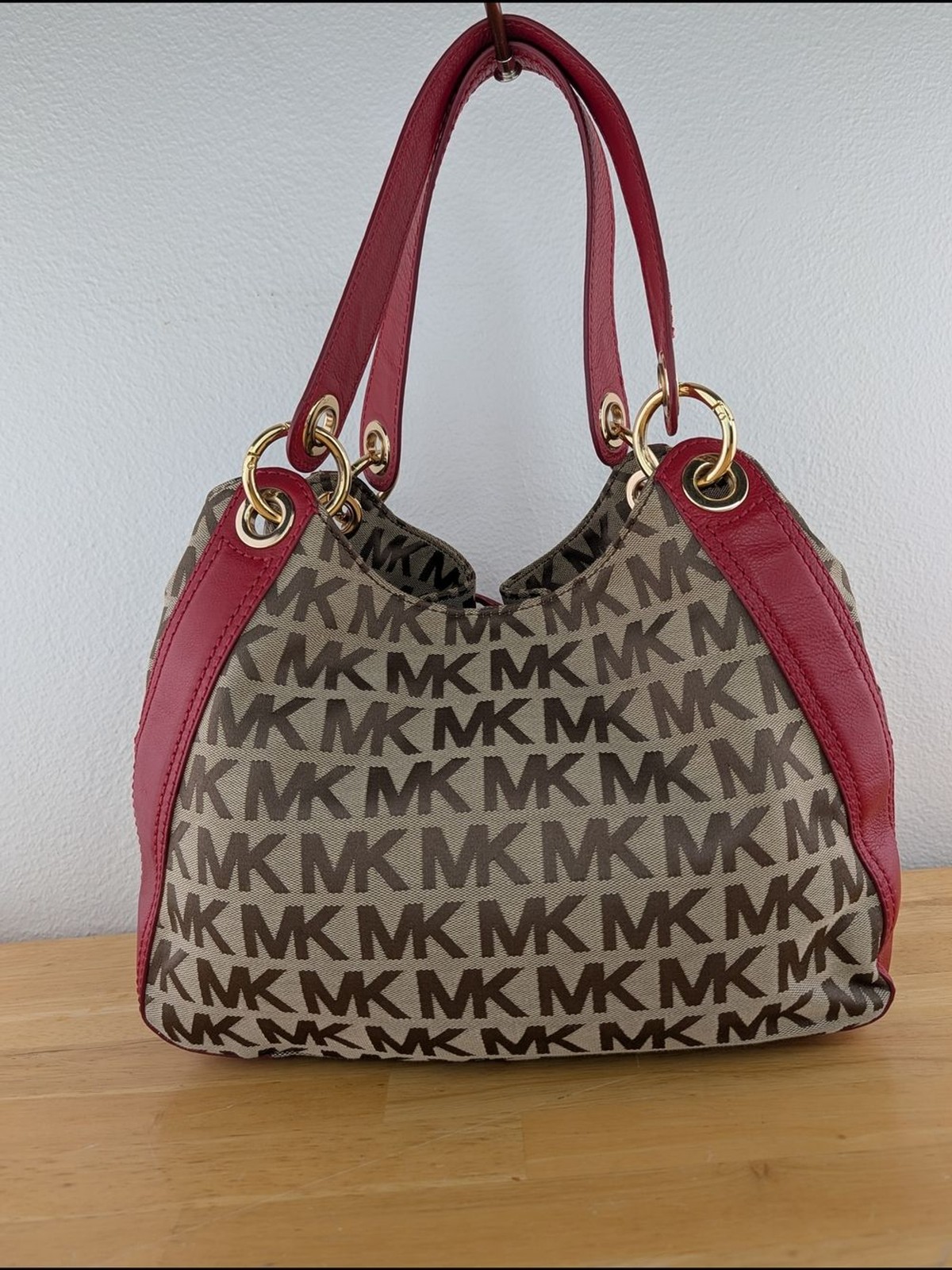 Michael Kors Ludlow Brown Red Canvas Leather Jacquard Logo Tote Shoulder Bag