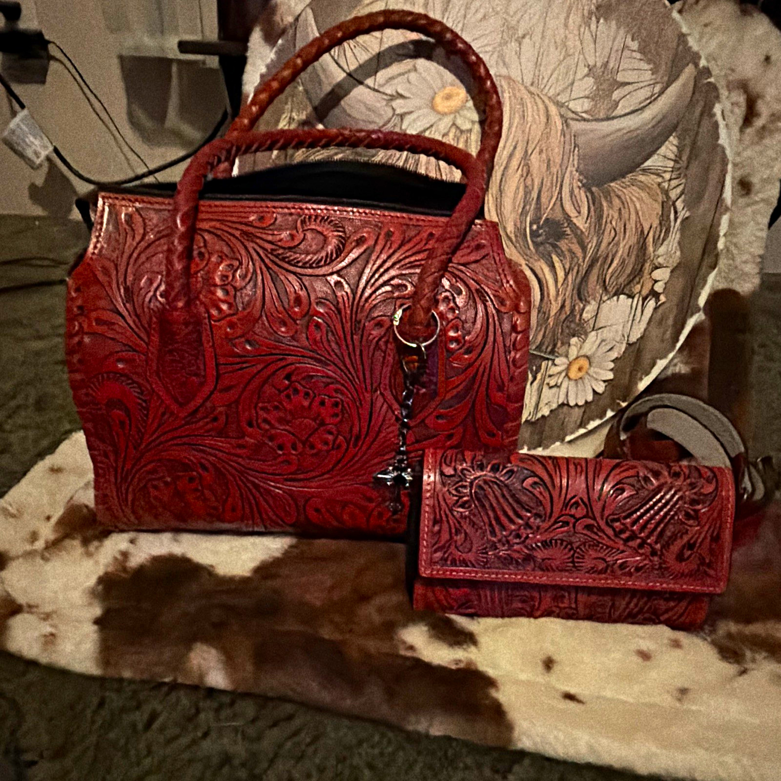 Red Western Tooled Floral Embossed Satchel Top Handle Zip w/ matching wallet