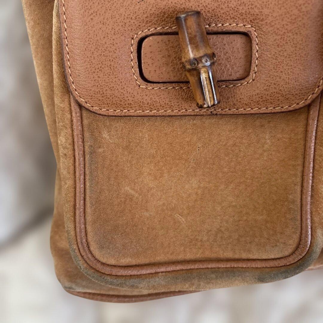 GUCCI Bamboo Suede Backpack Camel Gold Turn Lock Vintage Women Italy From Japan