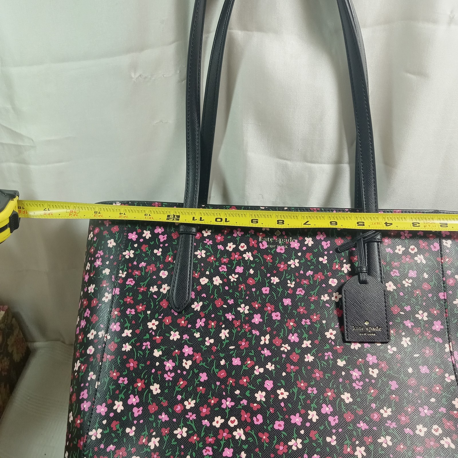 *Kate Spade* Med/lg. Tote~black With Pink Floral Pattern 12″x 11″ X 5.75″ EC