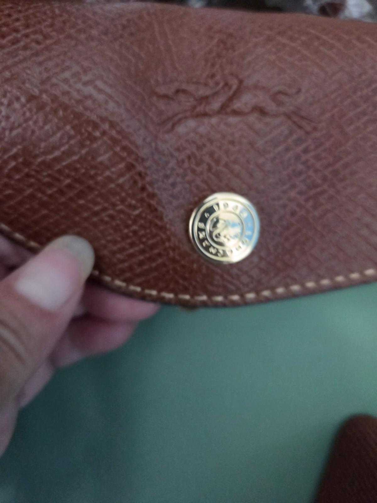 Longchamp Le Pliage Green Backpack Zip Snap Gold Hardware Brown Straps