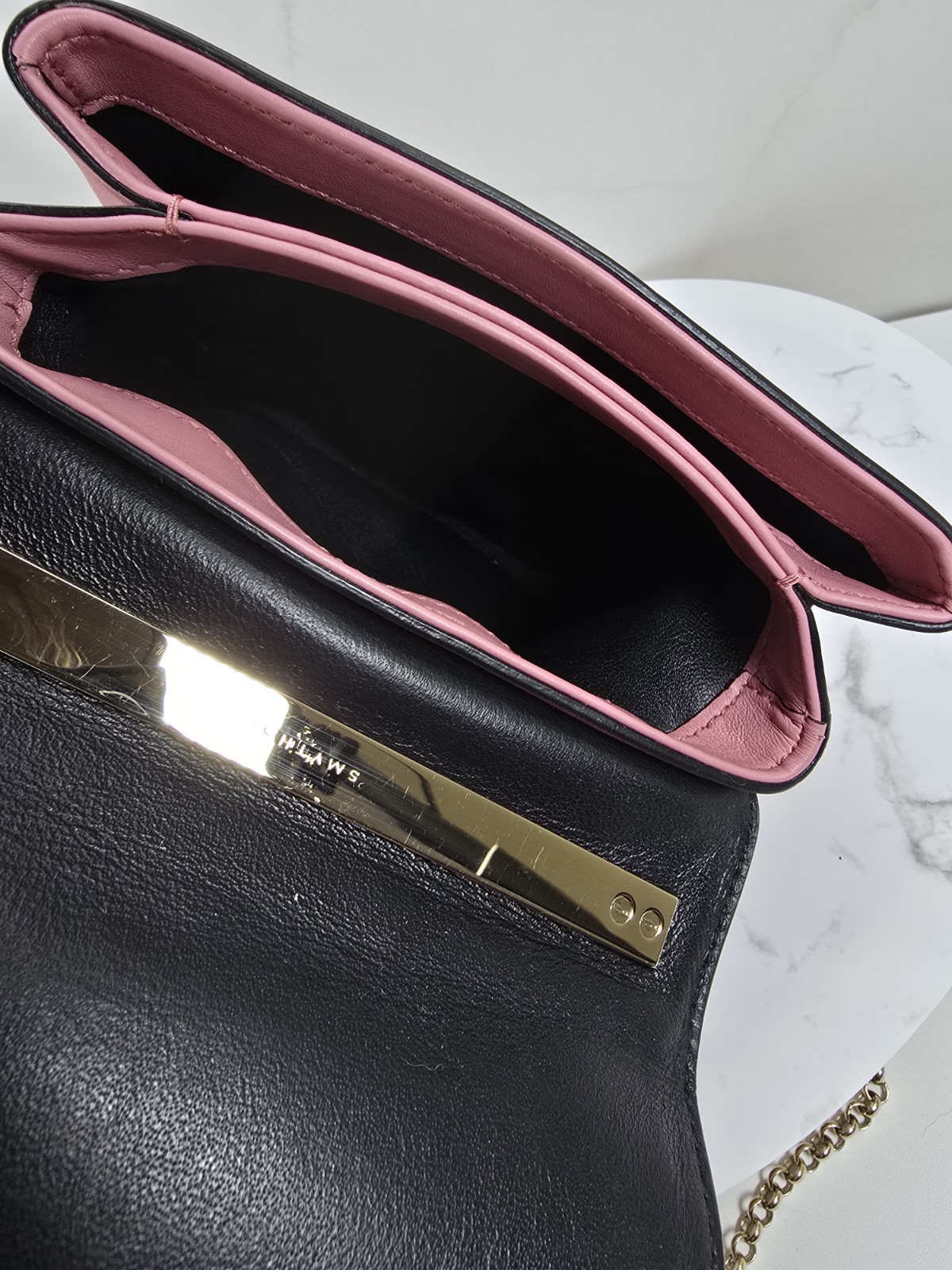 Smythson Shoulder Bag Pink Black Leather Fringe Gold Chain Strap Crossbody Purse
