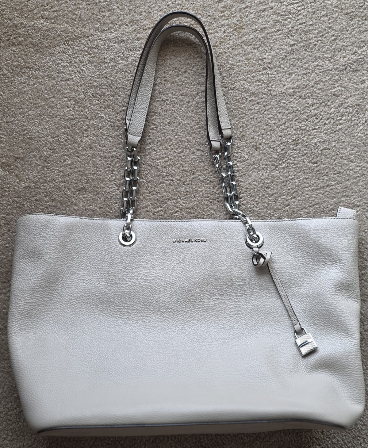 Michael Kors Mercer Chain Medium Zip Top Pebble Leather Tote, Cement Grey