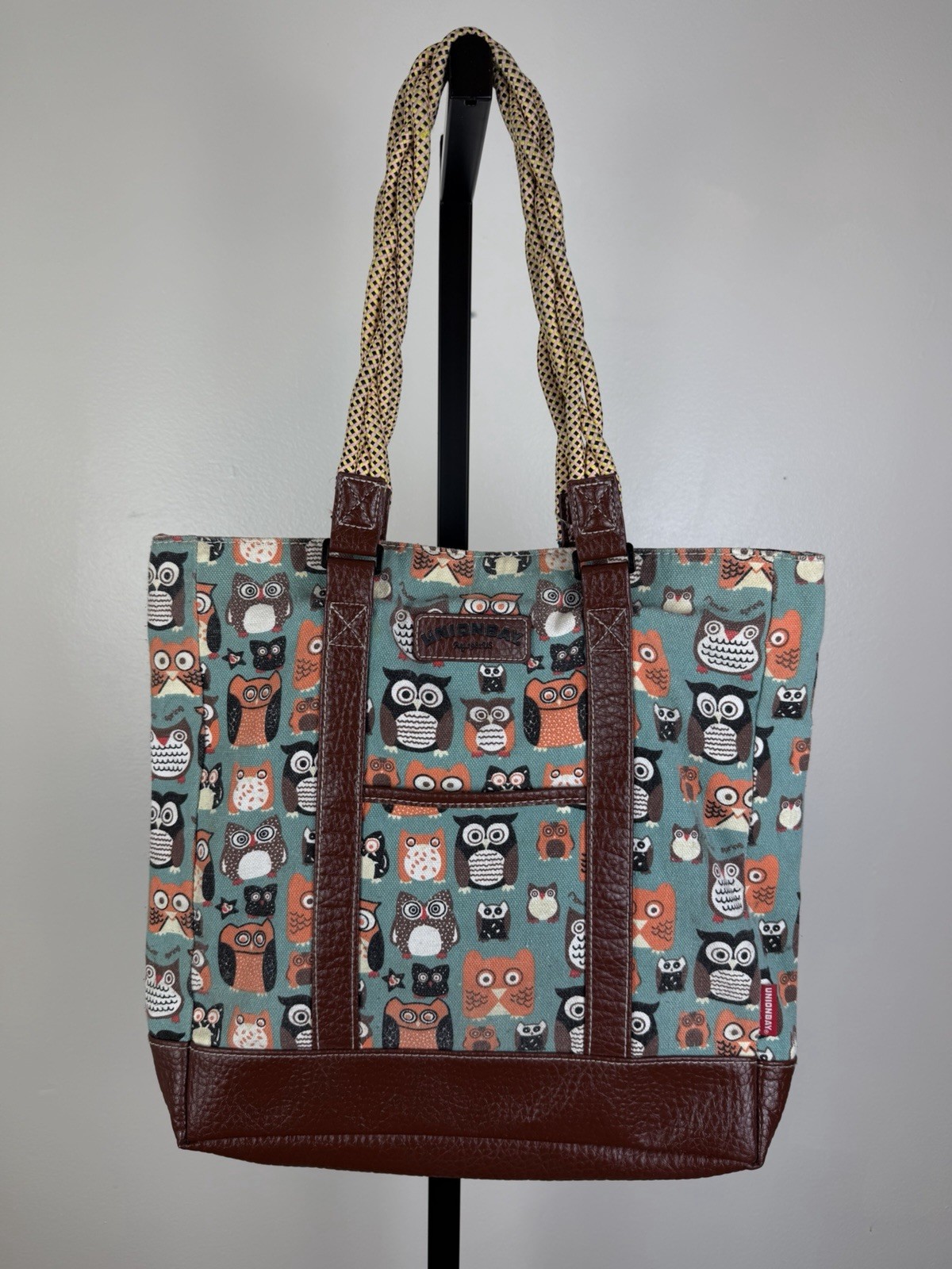 Unionbay Owl Print Tote Bag Blue Brown Canvas Faux Leather Lined Pockets Cute