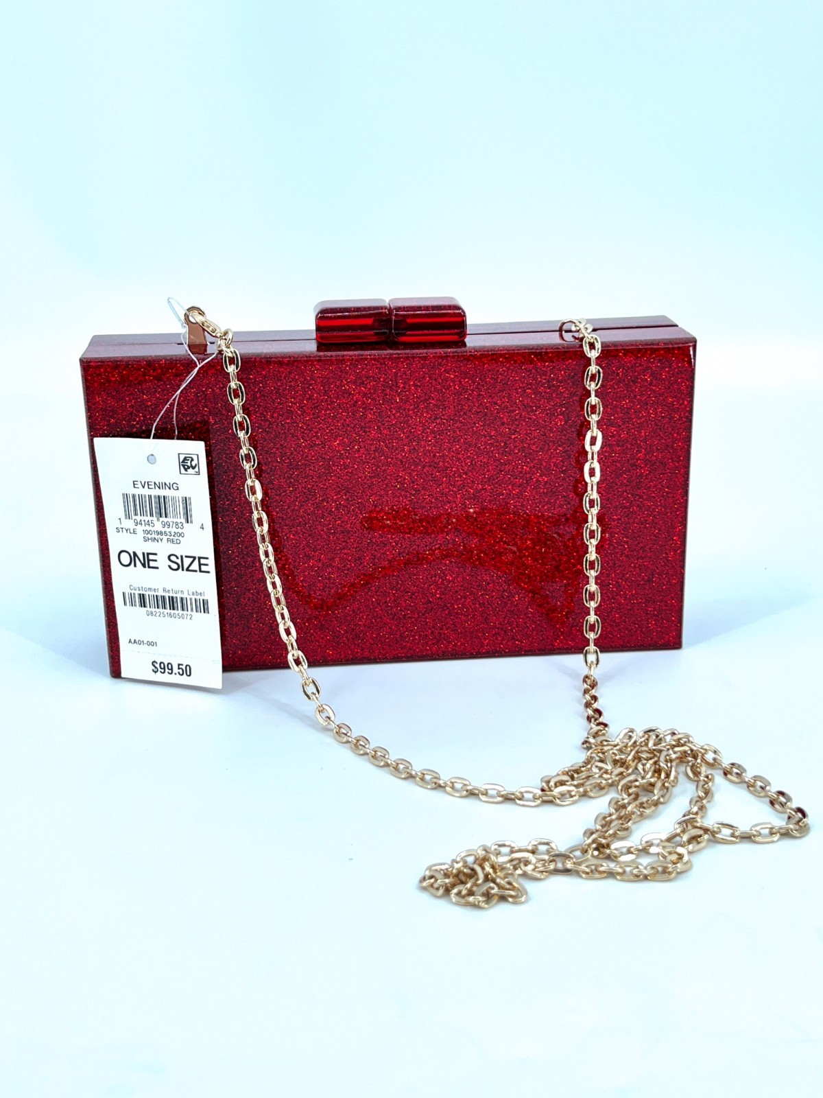 INC Evening Clutch Red Glitter Acrylic Chain Strap Gold Hardware Clasp Close