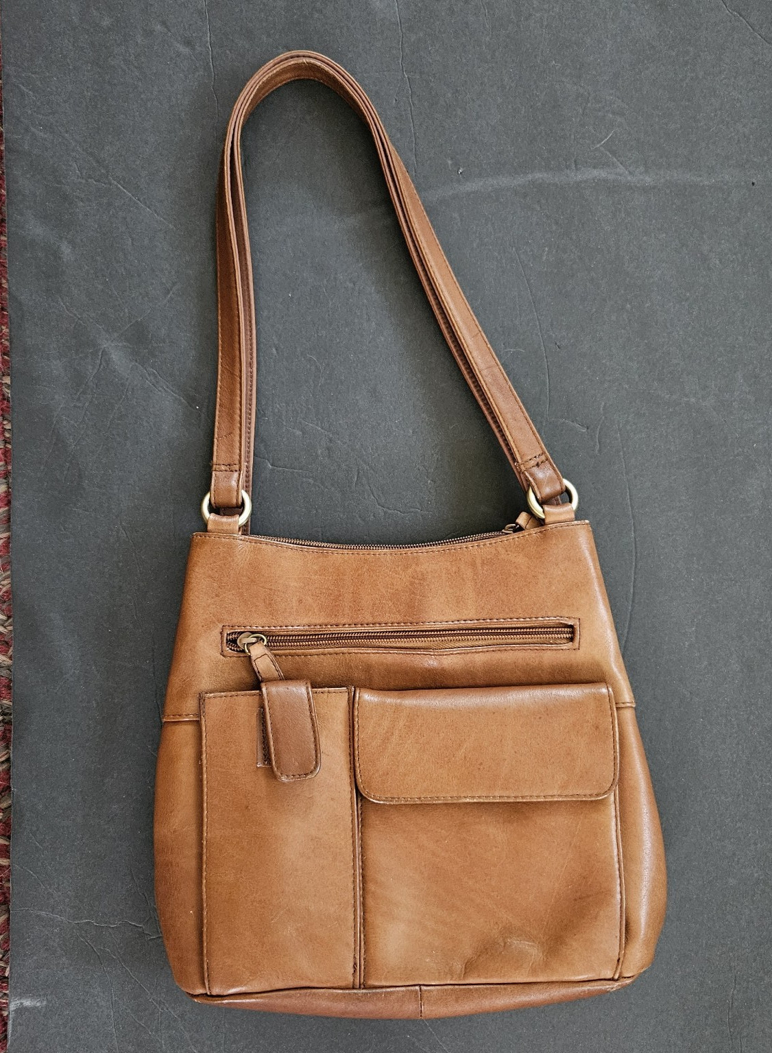 Sonoma Light Brown Leather Look Handbag 2 Handle Multiple Pockets Firm Structure