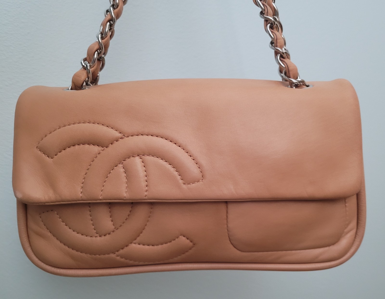 CHANEL Flap Bag Orange Tan Calfskin Chain Strap East West Shoulder NWT Box
