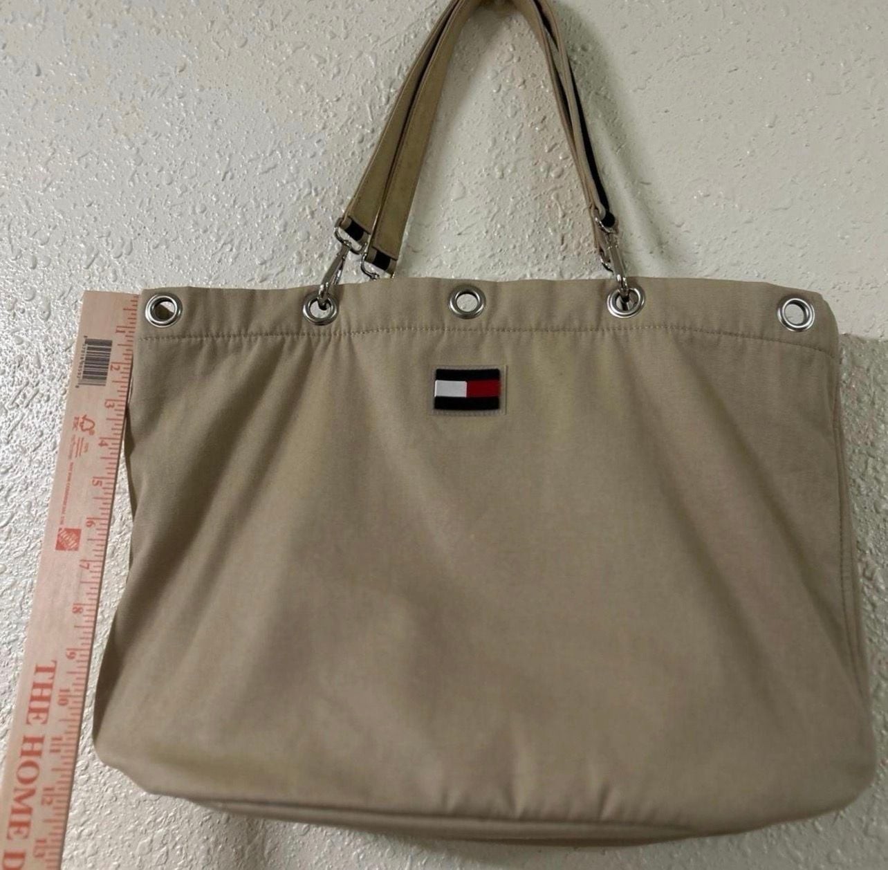 Tommy Hilfiger Vintage Tan Canvas Grommet Tote Bag