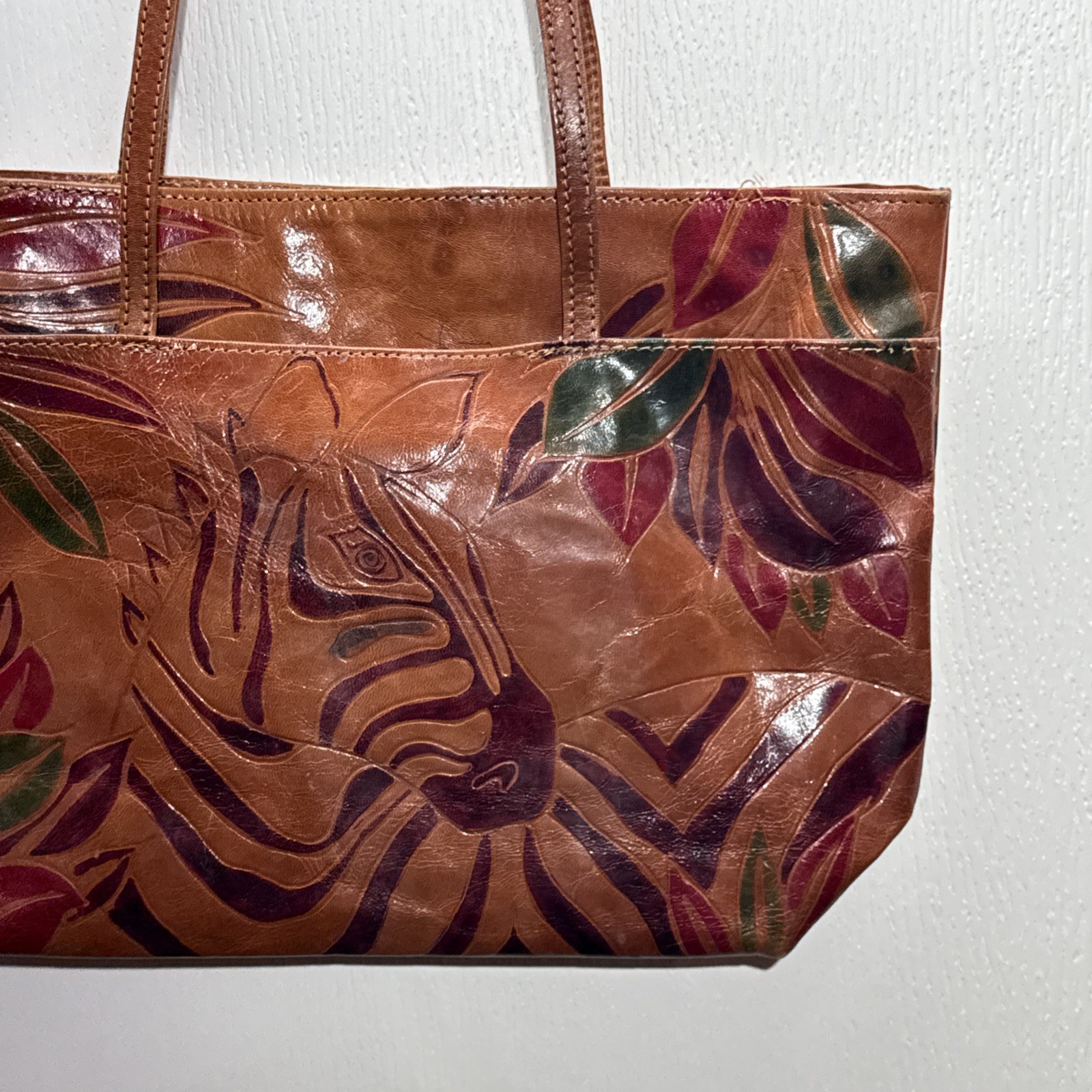 RARE Vintage Leather Purse Bag Tote Reddish Brown Mahogany Zebra Art Design Boho