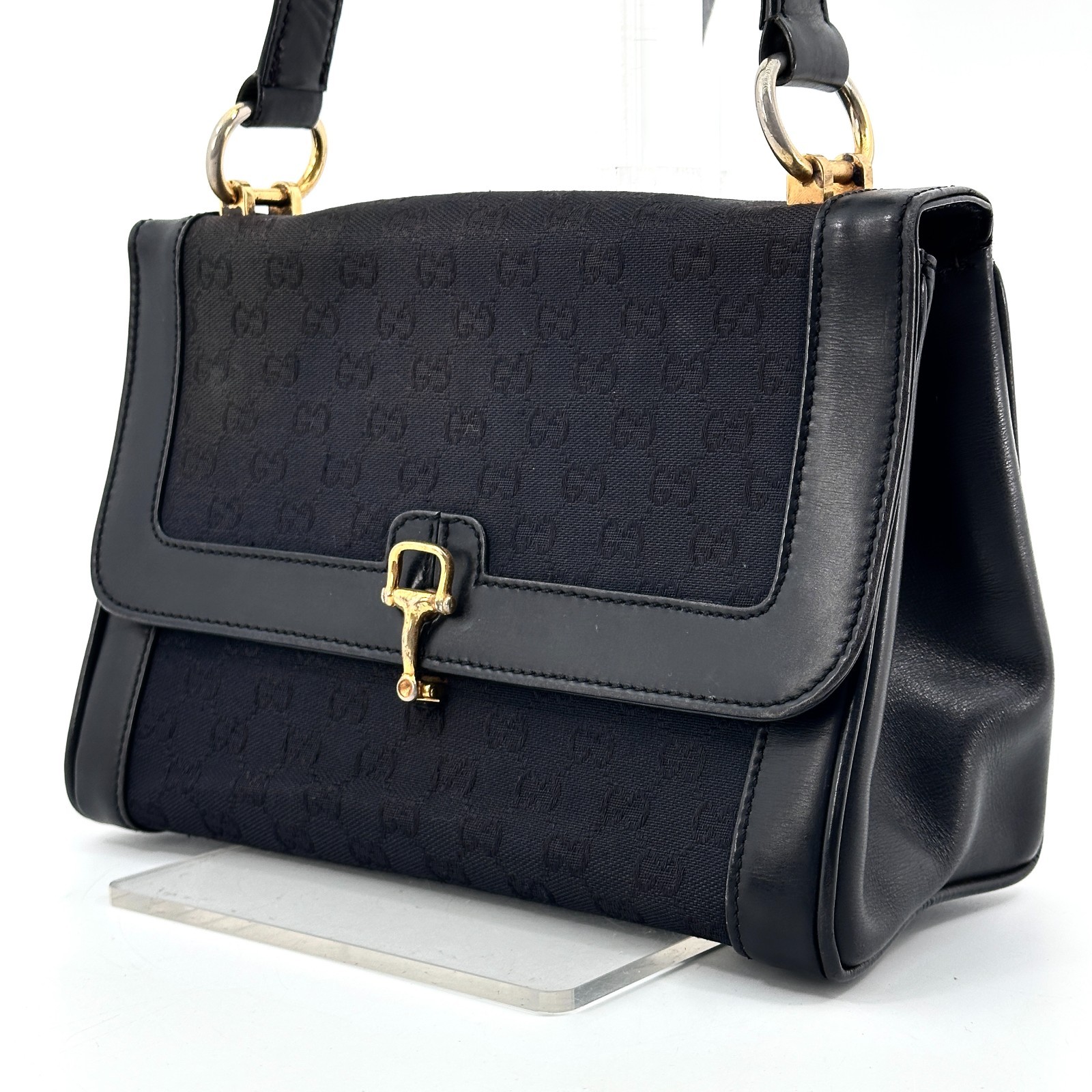 Vintege GUCCI Shoulder Bag GG Horse Bit Black Leather Canvas Auth From Japan