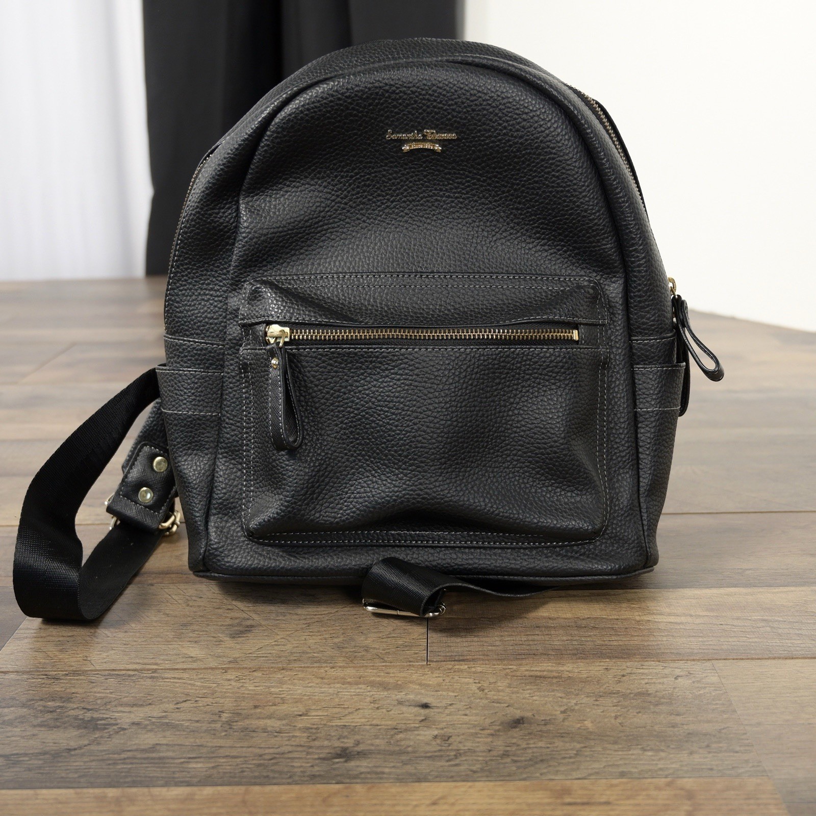 Samantha Thavasa Black Leather w/Gold Accents & Pink Lining Mini Backpack