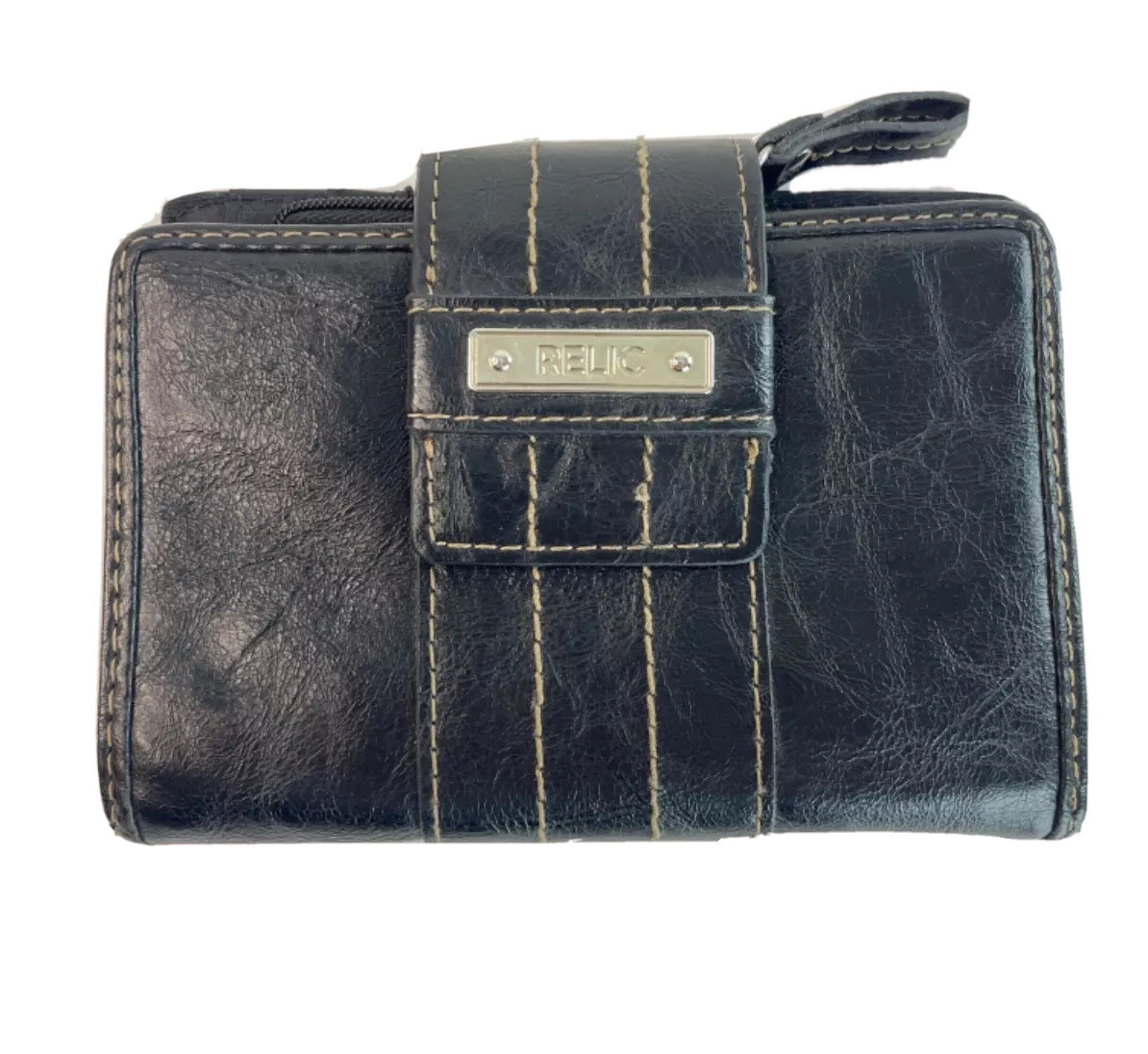 Relic by Fossil Black Leather Wallet Stitching Billfold Organizer 4.5″ x 5.5″
