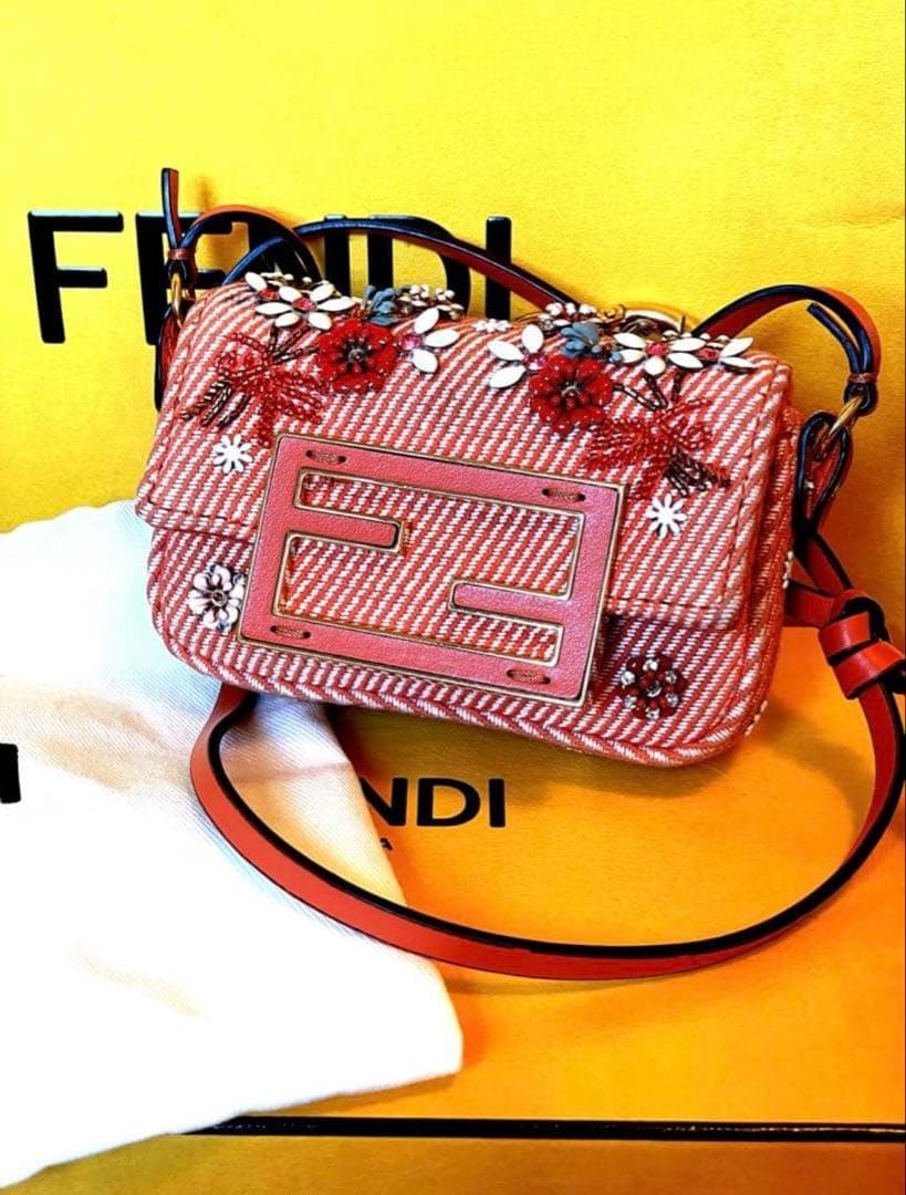 FENDI Nano Baguette Charm Orange Denim Floral Bead Crossbody Mini Bag 3.94 inch
