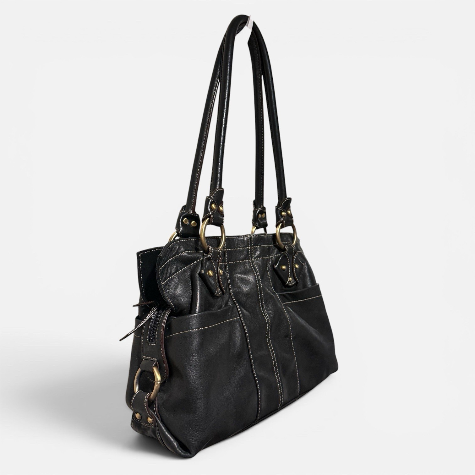 Tignanello Leather Shoulder Bag Purse Black Brushed Gold Hardware Zipper Pocket