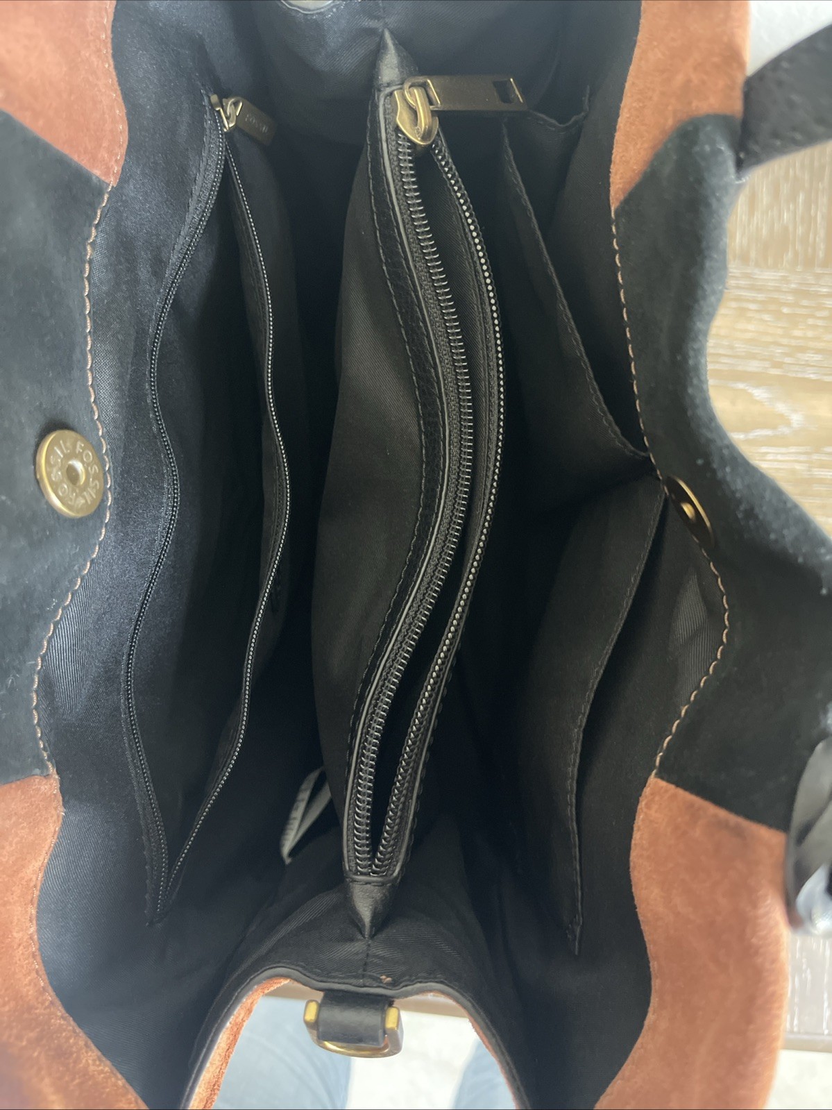 Fossil Carmen Tote Brown/ Black Suede Leather, Crossbody