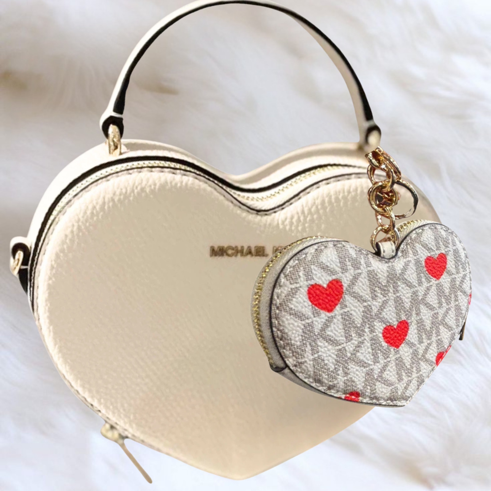 Michael Kors MK Women Small Heart Crossbody Purse Bag + Coin Purse Keychain Fob