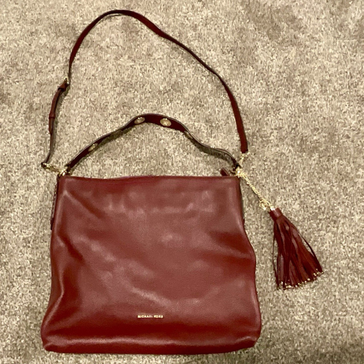 Michael Kors Burgundy Large Shoulder Bag Logo Zip Tassel Gold Detachable Strap