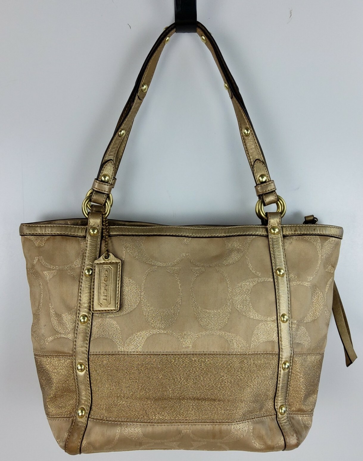 Coach Signature Stripe Studded Lurex Tote Gold 12905 Shoulder Handbag Purse