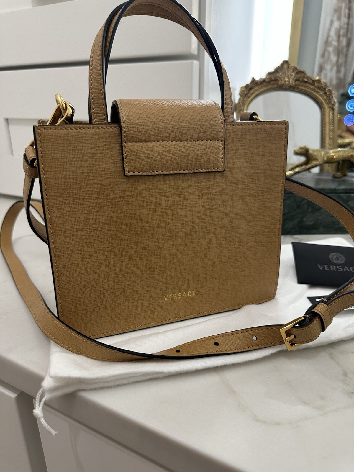 Versace Virtus Top Handle Mini Tote Crossbody Bag Caramel Saffiano Leather