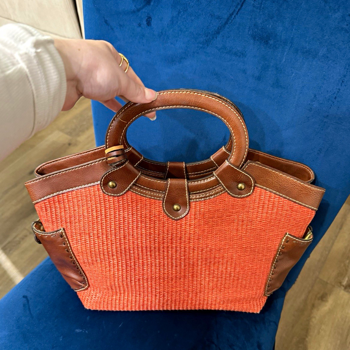 Fossil Orange/Brown Satchel Top Handle Striped Lining Inner Pockets Stitch
