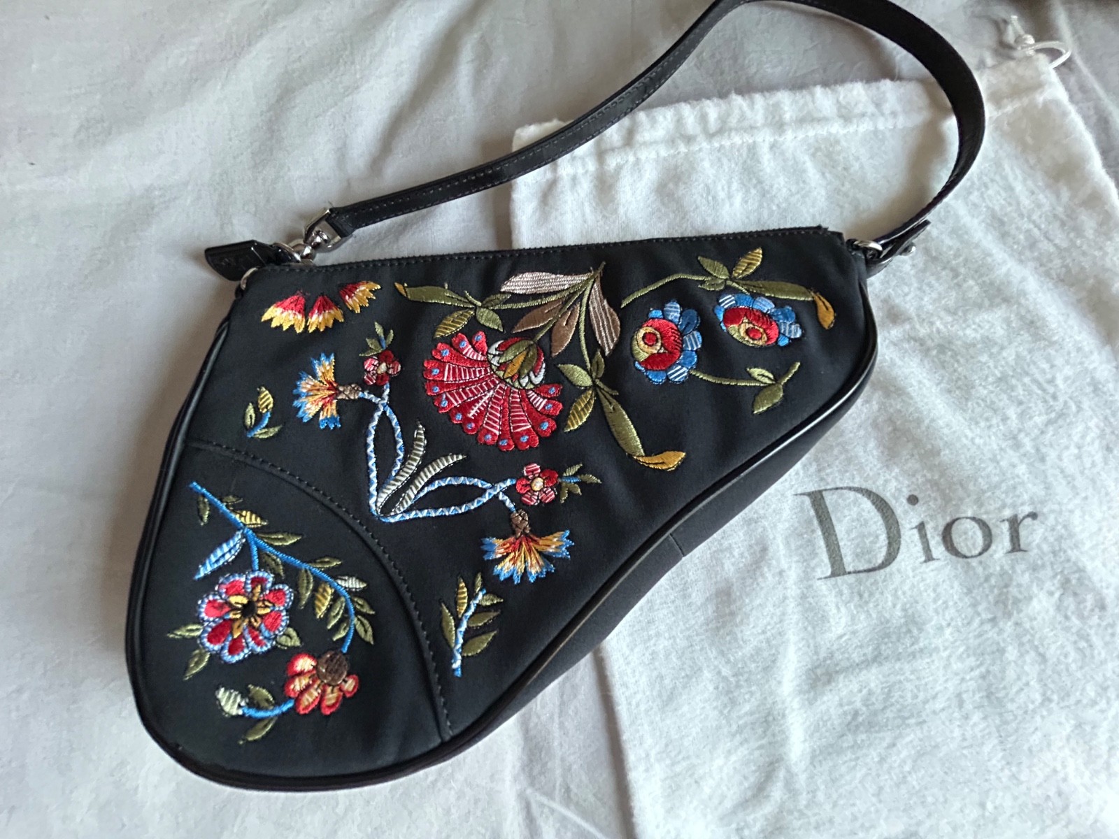 Authentic CHRISTIAN DIOR Saddle Bag with Embroidered Flowers Design