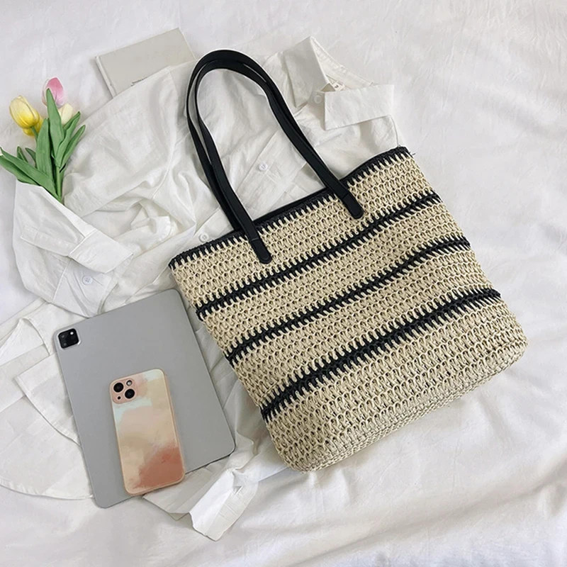 Designer Striped Straw Shoulder Bag Large Capacity Beach Tote Summer Handbag
