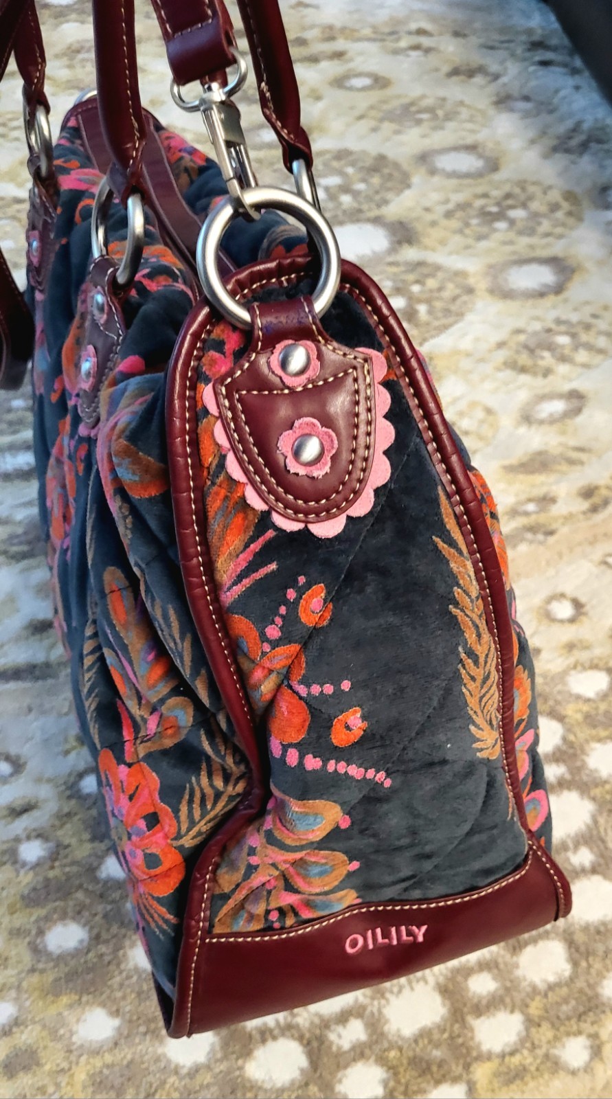 Authentic Vintage Oilily Bag Velour with Burgundy Leather Handles/ Base Interior