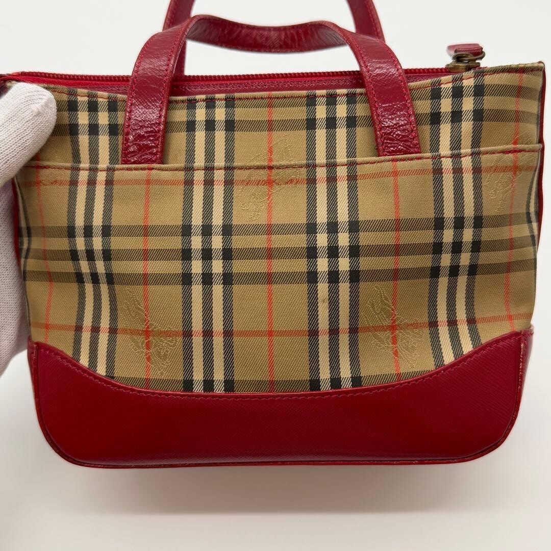 Burberry Red Nova Check Canvas Leather Tote Bag Horse Logo Vintage Self Standing